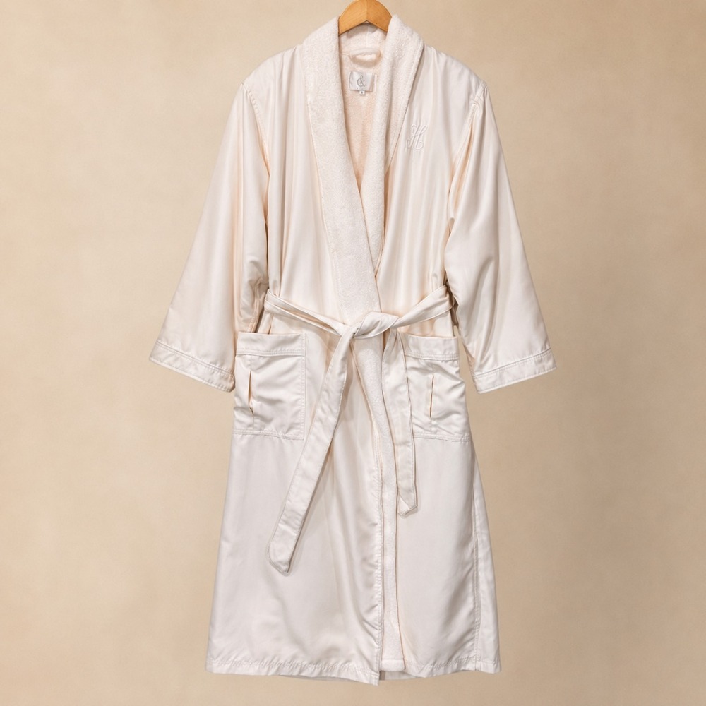 Chadsworth & Haig Spa Robe Womens XL Ivory Satin Terry Lined Monogram H Belted